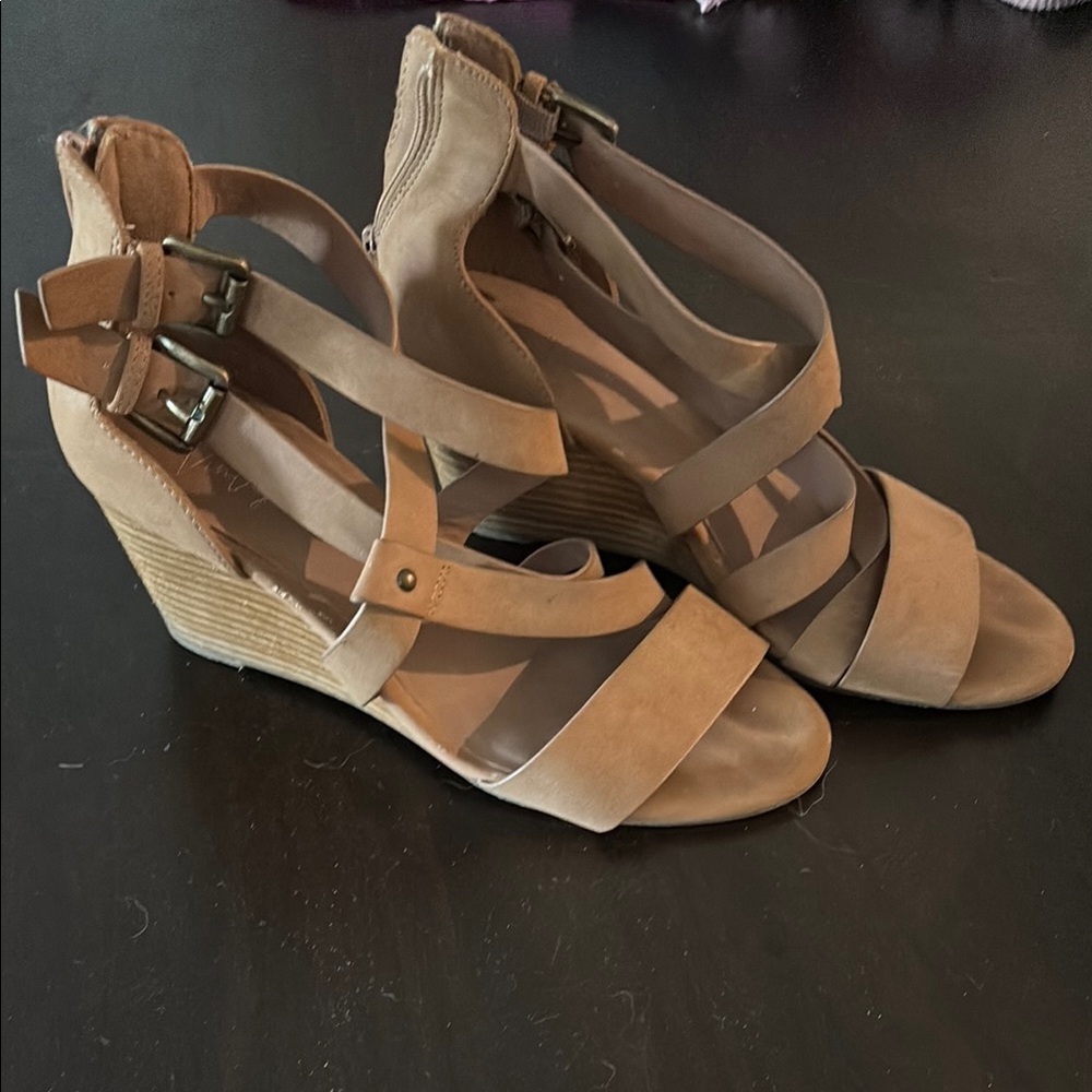 Tan Wedge Sandals with Adjustable Straps